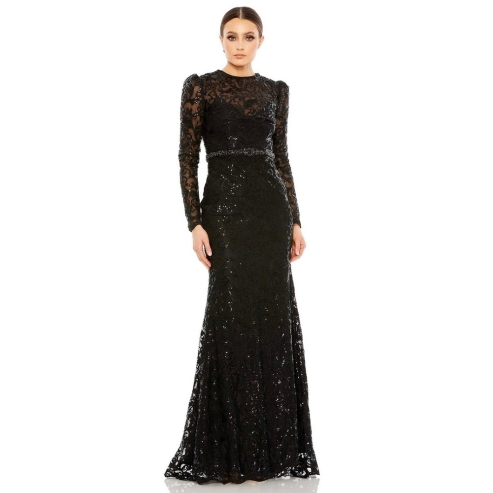 NWT Mac Duggal Black Embellished High Neck Long Sleeve Gown Size‎ 22 Style 68011